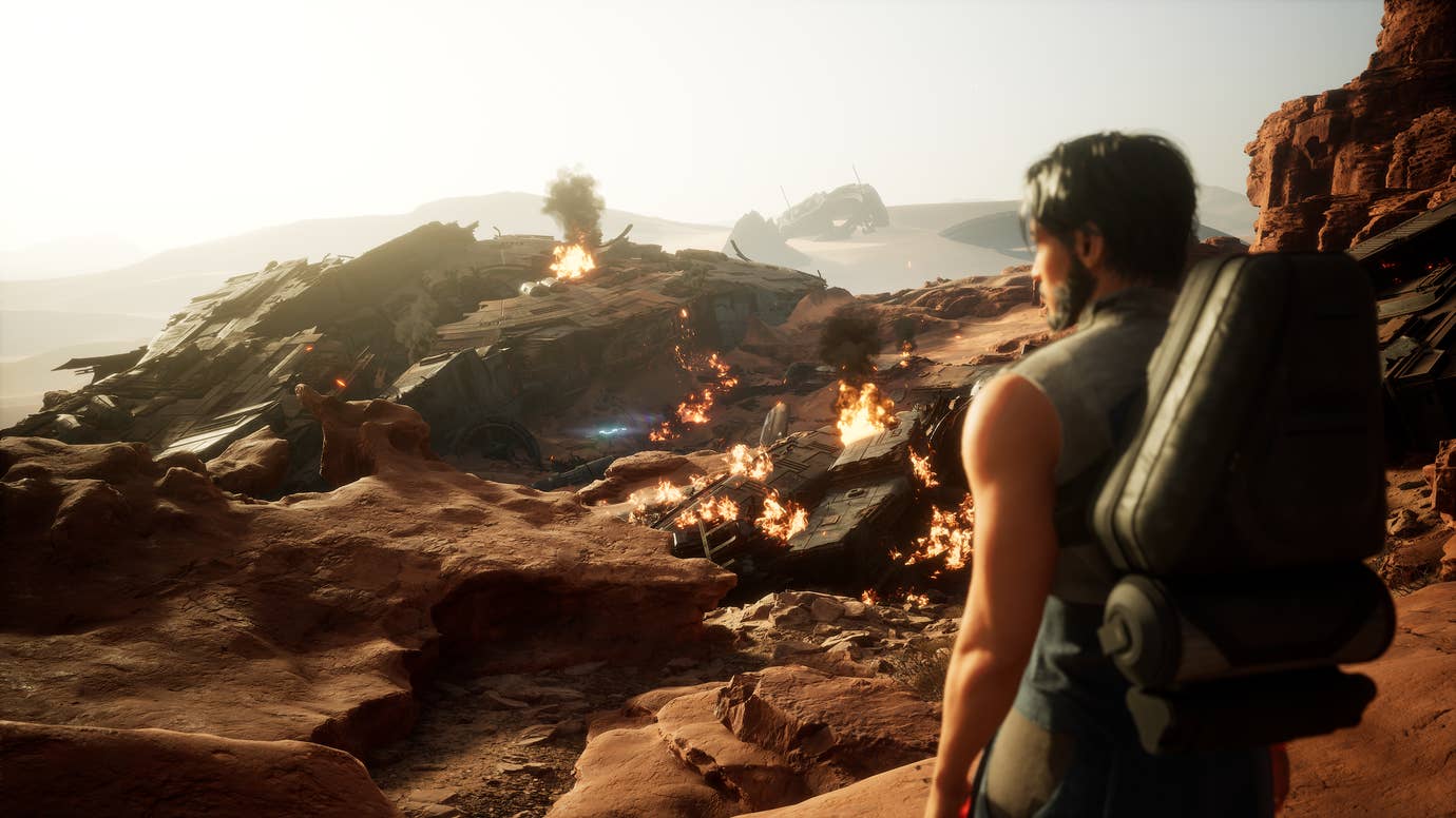 The player character looks out at the wreckage of his crashed prison ship in Dune: Awakening.